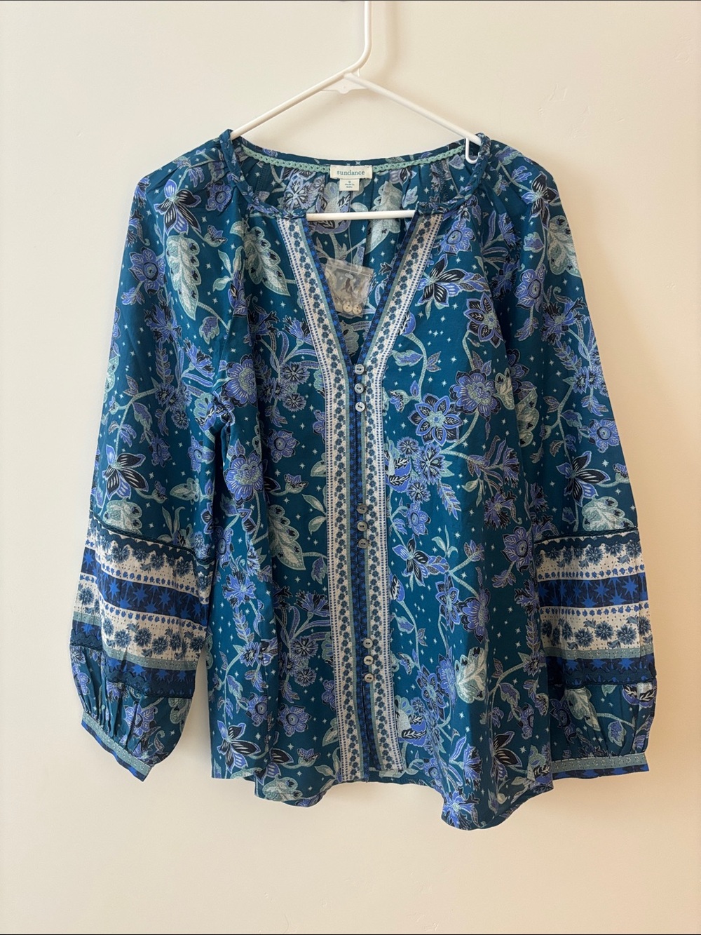 Sundance Teal Floral V-Neck Boho Blouse